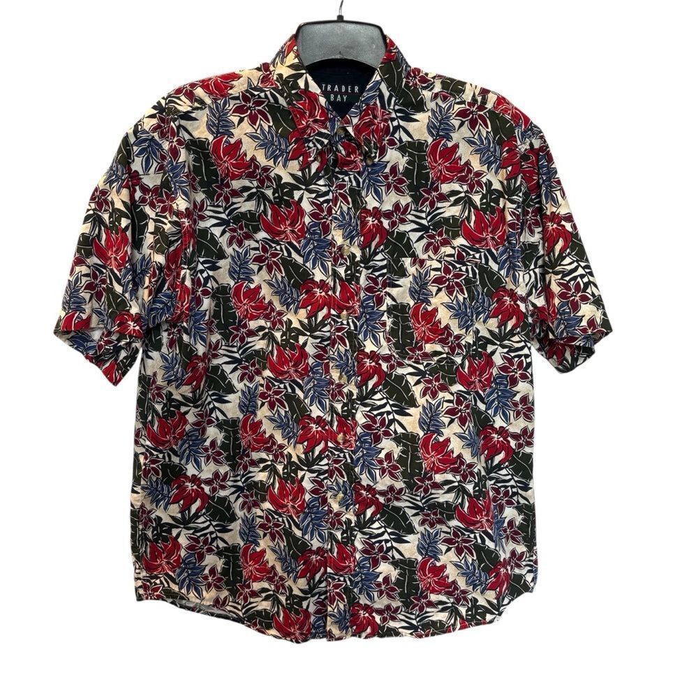 Trader Bay Men's Short Sleeve Button Down Floral Shirt - Red and Blue Size Large